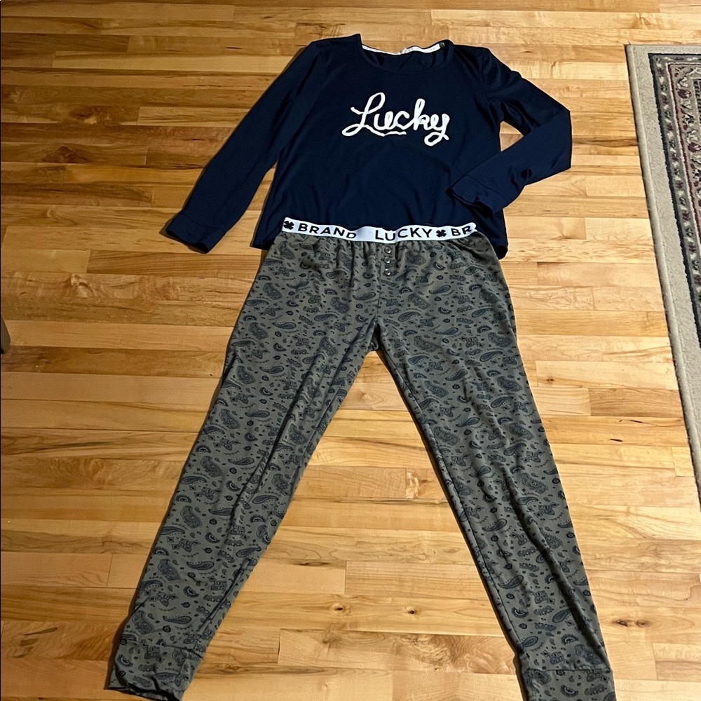 Lucky Brand Pajama Set - Blue Top and Gray/Green paisley bottoms